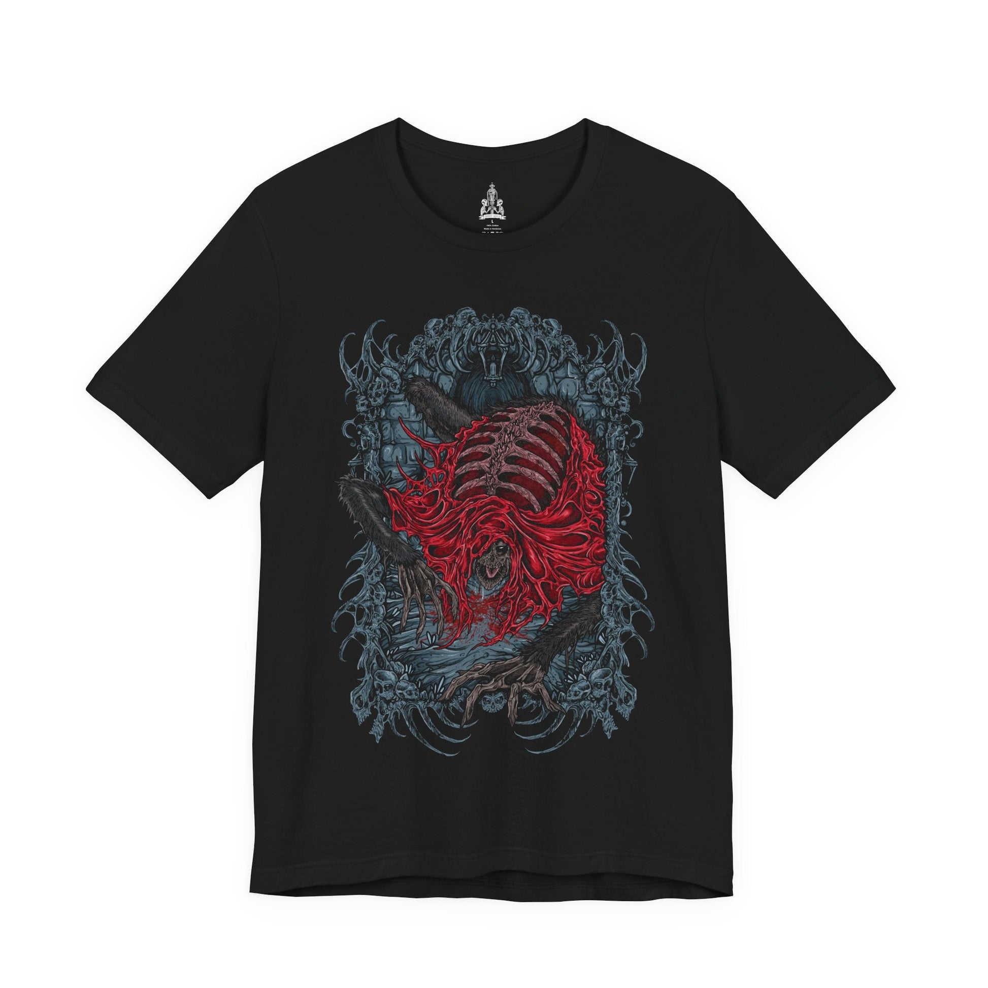 Image 4 of a T-shirt featuring the Blood-Starved Beast from Bloodborne, a grotesque, emaciated creature wrapped in rotting flesh and dripping with plague. Lurking in Old Yharnam, this frenzied abomination embodies the city’s festering sickness and the horrors unleashed by forbidden blood. This design captures the beast’s twisted, skeletal frame and ravenous fury—an eerie symbol of the hunt’s decaying world.