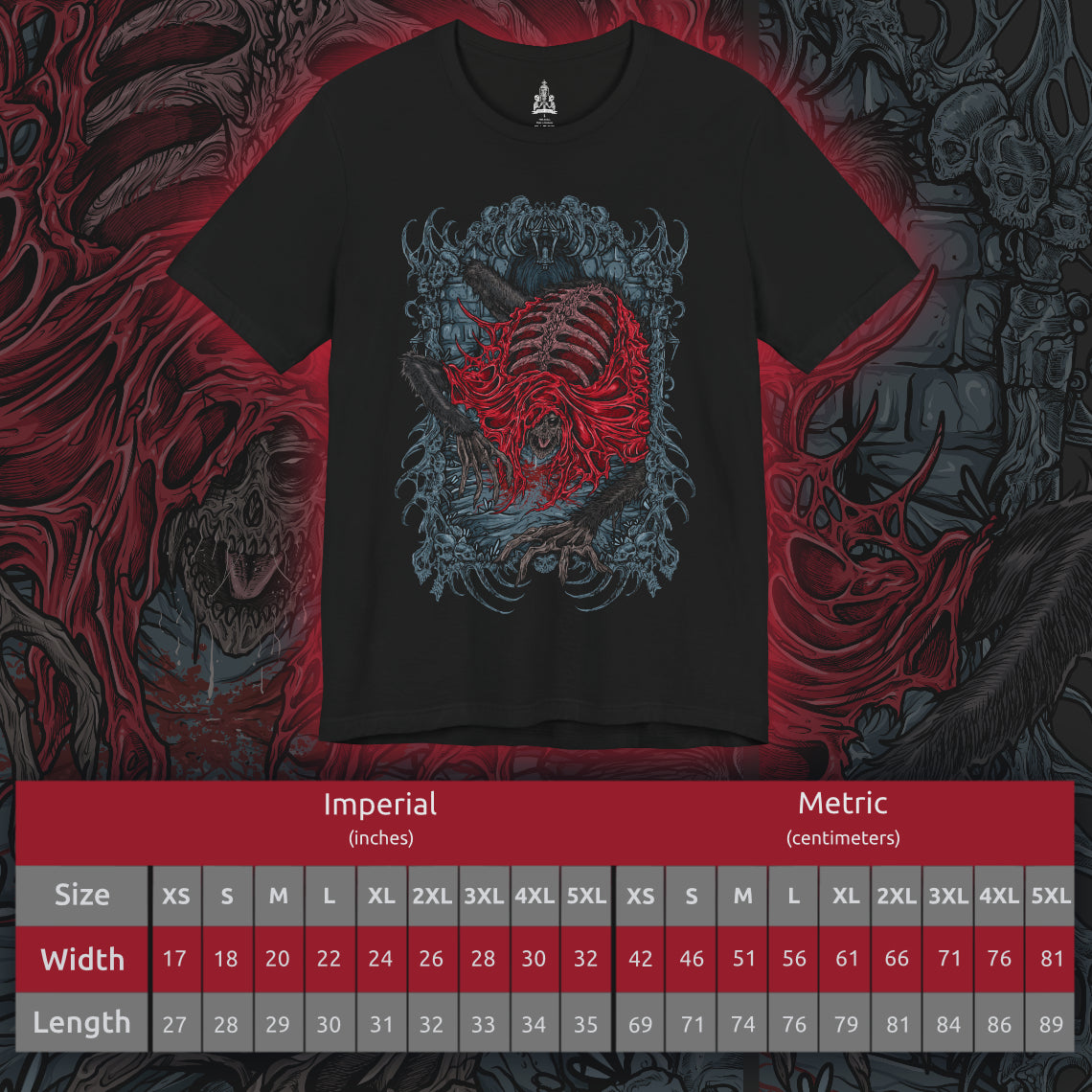 Size chart of a T-shirt featuring the Blood-Starved Beast from Bloodborne, a grotesque, emaciated creature wrapped in rotting flesh and dripping with plague. Lurking in Old Yharnam, this frenzied abomination embodies the city’s festering sickness and the horrors unleashed by forbidden blood. This design captures the beast’s twisted, skeletal frame and ravenous fury—an eerie symbol of the hunt’s decaying world.