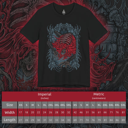 Size chart of a T-shirt featuring the Blood-Starved Beast from Bloodborne, a grotesque, emaciated creature wrapped in rotting flesh and dripping with plague. Lurking in Old Yharnam, this frenzied abomination embodies the city’s festering sickness and the horrors unleashed by forbidden blood. This design captures the beast’s twisted, skeletal frame and ravenous fury—an eerie symbol of the hunt’s decaying world.