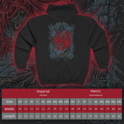 Size chart of a Zip-up Hooded Sweatshirt featuring the Blood-Starved Beast from Bloodborne, a gaunt and mummified monstrosity wracked with endless bloodlust. Once a cleric of the Healing Church, this terrifying creature succumbed to the Ashen Blood plague, its rotting flesh and frenzied movements embodying the horrors of Yharnam’s cursed transformation. With its erratic lunges and venomous attacks, the Blood-Starved Beast is a true test of a hunter’s skill.