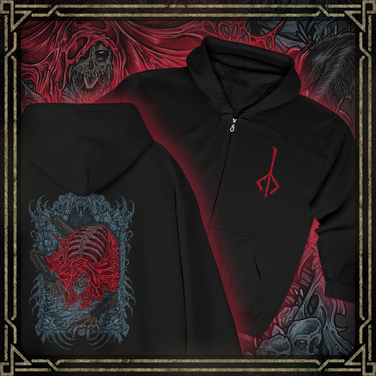 Thumbnail of a Zip-up Hooded Sweatshirt featuring the Blood-Starved Beast from Bloodborne, a gaunt and mummified monstrosity wracked with endless bloodlust. Once a cleric of the Healing Church, this terrifying creature succumbed to the Ashen Blood plague, its rotting flesh and frenzied movements embodying the horrors of Yharnam’s cursed transformation. With its erratic lunges and venomous attacks, the Blood-Starved Beast is a true test of a hunter’s skill.