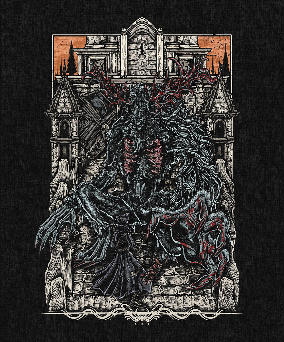 Artwork of Bloodborne Cleric Beast. The Cleric Beast is one of the first nightmarish foes in Bloodborne, showcasing the horrific results of unchecked blood ministration. Once a cleric of the Healing Church, the beast is a grotesque fusion of faith and flesh, symbolizing the Church’s descent into monstrosity and the cost of seeking divine transformation.