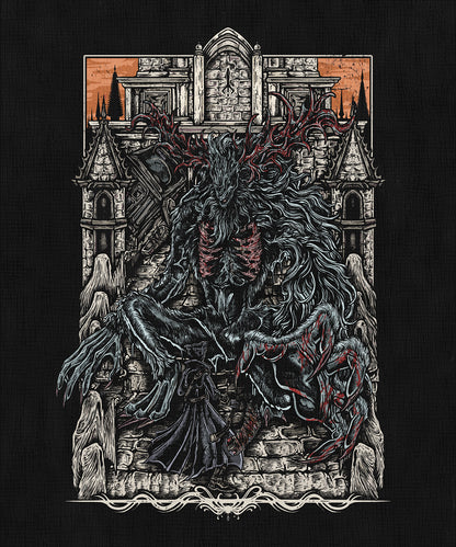 Artwork of Bloodborne Cleric Beast. The Cleric Beast is one of the first nightmarish foes in Bloodborne, showcasing the horrific results of unchecked blood ministration. Once a cleric of the Healing Church, the beast is a grotesque fusion of faith and flesh, symbolizing the Church’s descent into monstrosity and the cost of seeking divine transformation.