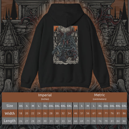 Size chart of a Hooded Sweatshirt featuring the Cleric Beast from Bloodborne, the towering, grotesque abomination that haunts the Great Bridge of Yharnam. Once a devout cleric of the Healing Church, this beast has succumbed to the scourge, its massive, fur-covered body and twisted antlers embodying the horrors of transformation. With piercing roars and frenzied, clawed attacks, the Cleric Beast stands as a terrifying testament to Yharnam’s cursed faith. A must-have for fans of Bloodborne.