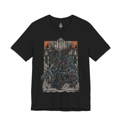 Image 4 of a T-shirt featuring the Cleric Beast from Bloodborne, the towering, malformed nightmare that roams the Great Bridge of Yharnam. Once a holy cleric of the Healing Church, this beast has succumbed to the scourge of the beast plague, its twisted body covered in matted fur and gnarled antlers. With its deafening roars and frenzied strength, the Cleric Beast is a terrifying symbol of Yharnam’s cursed faith. A must-have for fans of Bloodborne’s gothic horror and brutal boss battles.