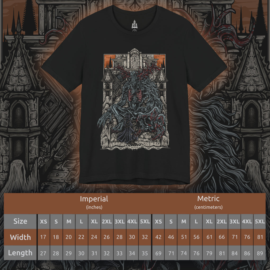 Size chart of a T-shirt featuring the Cleric Beast from Bloodborne, the towering, malformed nightmare that roams the Great Bridge of Yharnam. Once a holy cleric of the Healing Church, this beast has succumbed to the scourge of the beast plague, its twisted body covered in matted fur and gnarled antlers. With its deafening roars and frenzied strength, the Cleric Beast is a terrifying symbol of Yharnam’s cursed faith. A must-have for fans of Bloodborne’s gothic horror and brutal boss battles.