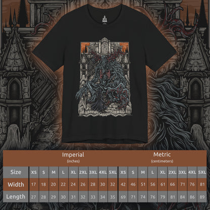 Size chart of a T-shirt featuring the Cleric Beast from Bloodborne, the towering, malformed nightmare that roams the Great Bridge of Yharnam. Once a holy cleric of the Healing Church, this beast has succumbed to the scourge of the beast plague, its twisted body covered in matted fur and gnarled antlers. With its deafening roars and frenzied strength, the Cleric Beast is a terrifying symbol of Yharnam’s cursed faith. A must-have for fans of Bloodborne’s gothic horror and brutal boss battles.