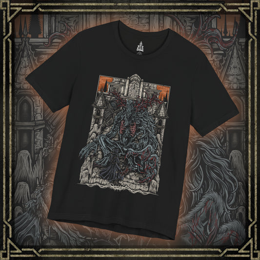 Thumbnail of a T-shirt featuring the Cleric Beast from Bloodborne, the towering, malformed nightmare that roams the Great Bridge of Yharnam. Once a holy cleric of the Healing Church, this beast has succumbed to the scourge of the beast plague, its twisted body covered in matted fur and gnarled antlers. With its deafening roars and frenzied strength, the Cleric Beast is a terrifying symbol of Yharnam’s cursed faith. A must-have for fans of Bloodborne’s gothic horror and brutal boss battles.