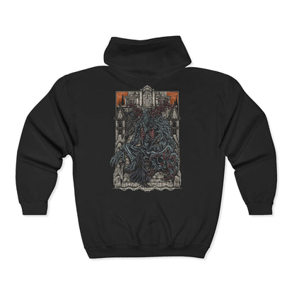 Folded Zip-up Hooded Sweatshirt featuring the Cleric Beast from Bloodborne, the towering, nightmarish creature that lurks on the Great Bridge of Yharnam. Once a revered cleric of the Healing Church, this monstrous beast has succumbed to the scourge, its gnarled antlers and matted fur symbolizing the grotesque fate of those consumed by the blood. With deafening roars and frenzied attacks, the Cleric Beast is a chilling embodiment of Yharnam’s curse.