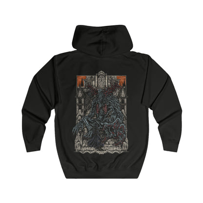Folded Zip-up Hooded Sweatshirt featuring the Cleric Beast from Bloodborne, the towering, nightmarish creature that lurks on the Great Bridge of Yharnam. Once a revered cleric of the Healing Church, this monstrous beast has succumbed to the scourge, its gnarled antlers and matted fur symbolizing the grotesque fate of those consumed by the blood. With deafening roars and frenzied attacks, the Cleric Beast is a chilling embodiment of Yharnam’s curse.
