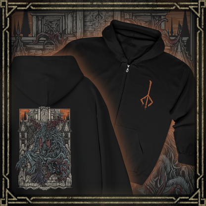 Thumbnail of a Zip-up Hooded Sweatshirt featuring the Cleric Beast from Bloodborne, the towering, nightmarish creature that lurks on the Great Bridge of Yharnam. Once a revered cleric of the Healing Church, this monstrous beast has succumbed to the scourge, its gnarled antlers and matted fur symbolizing the grotesque fate of those consumed by the blood. With deafening roars and frenzied attacks, the Cleric Beast is a chilling embodiment of Yharnam’s curse.