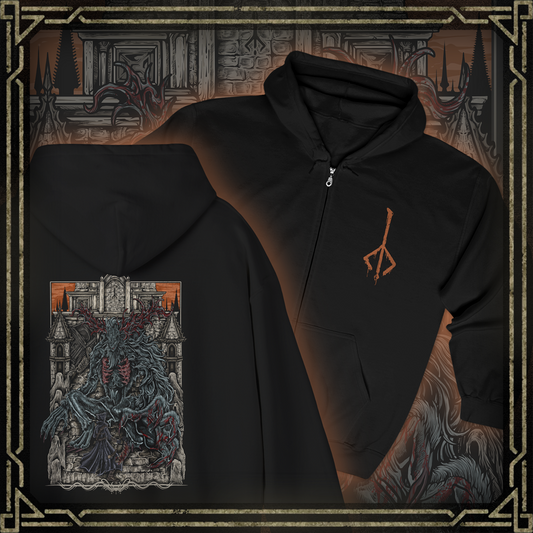 Thumbnail of a Zip-up Hooded Sweatshirt featuring the Cleric Beast from Bloodborne, the towering, nightmarish creature that lurks on the Great Bridge of Yharnam. Once a revered cleric of the Healing Church, this monstrous beast has succumbed to the scourge, its gnarled antlers and matted fur symbolizing the grotesque fate of those consumed by the blood. With deafening roars and frenzied attacks, the Cleric Beast is a chilling embodiment of Yharnam’s curse.