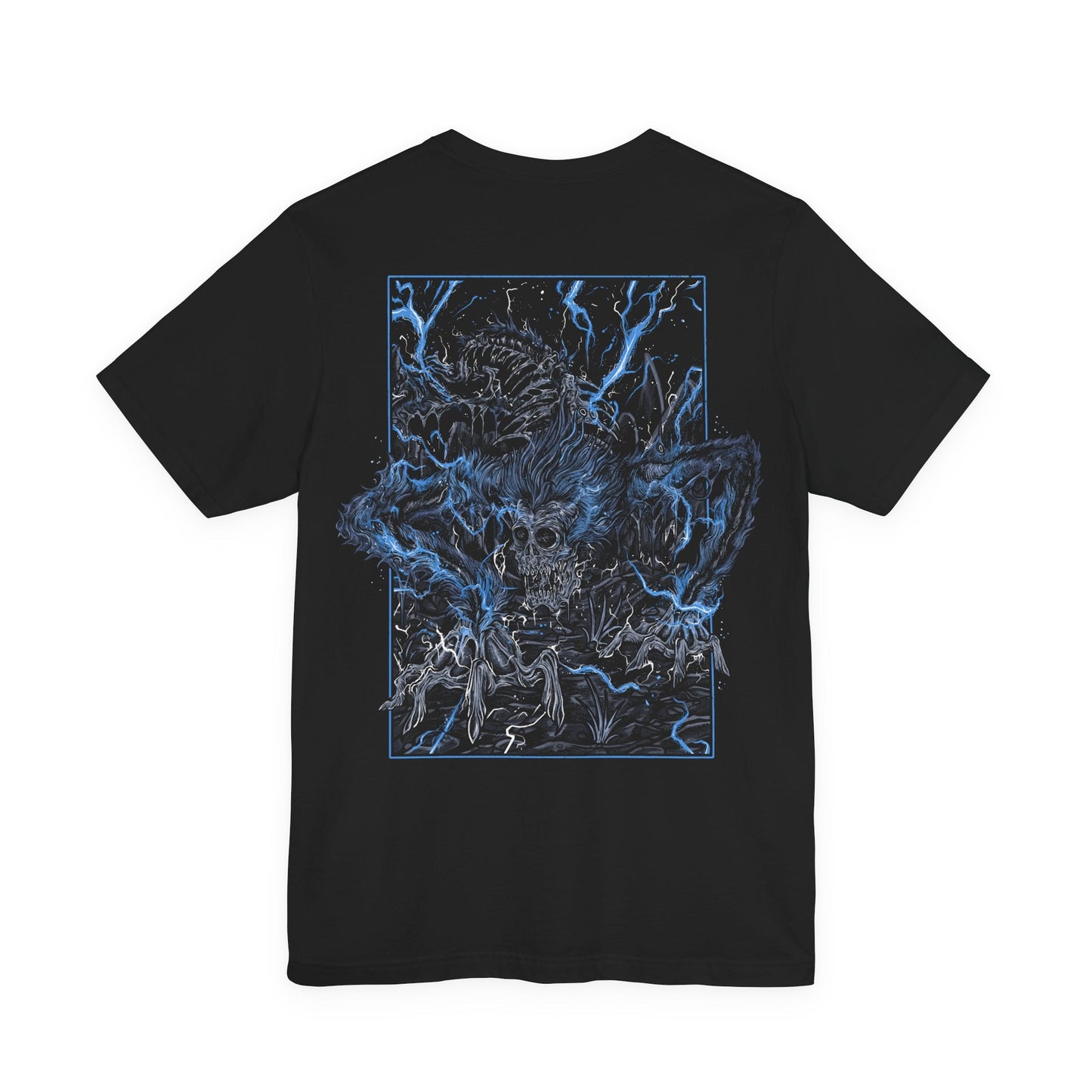Image 5 of a T-shirt featuring Darkbeast Paarl from Bloodborne, the skeletal, lightning-infused beast lurking in the shadows of Yahar’gul. Its emaciated frame crackles with blue arcane energy, a terrifying remnant of the Healing Church’s twisted experiments. This monstrous creature thrashes with untamed fury, embodying the raw, chaotic power of the old blood. With a grim and haunting design on both sides, this T-shirt perfectly captures the eldritch horror of Bloodborne.