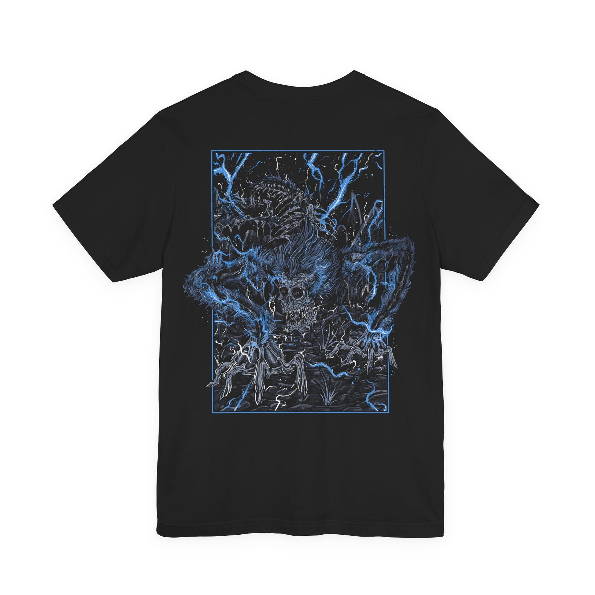 Image 5 of a T-shirt featuring Darkbeast Paarl from Bloodborne, the skeletal, lightning-infused beast lurking in the shadows of Yahar’gul. Its emaciated frame crackles with blue arcane energy, a terrifying remnant of the Healing Church’s twisted experiments. This monstrous creature thrashes with untamed fury, embodying the raw, chaotic power of the old blood. With a grim and haunting design on both sides, this T-shirt perfectly captures the eldritch horror of Bloodborne.
