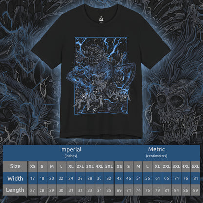 Size chart of a T-shirt featuring Darkbeast Paarl from Bloodborne, the skeletal, lightning-infused beast lurking in the shadows of Yahar’gul. Its emaciated frame crackles with blue arcane energy, a terrifying remnant of the Healing Church’s twisted experiments. This monstrous creature thrashes with untamed fury, embodying the raw, chaotic power of the old blood. With a grim and haunting design on both sides, this T-shirt perfectly captures the eldritch horror of Bloodborne.