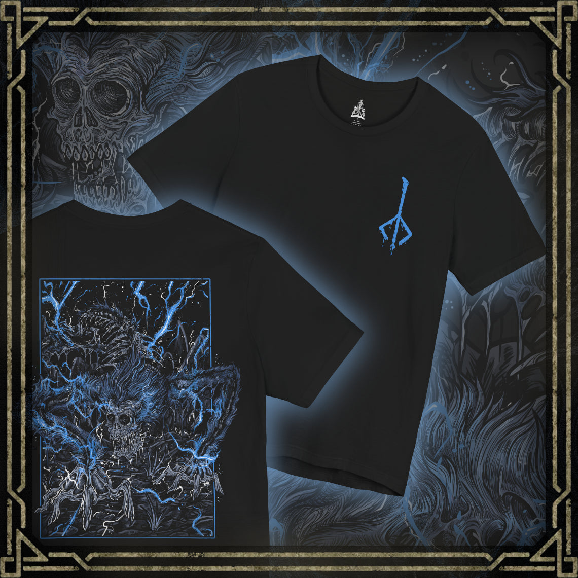 Thumbnail of a T-shirt featuring Darkbeast Paarl from Bloodborne, the skeletal, lightning-infused beast lurking in the shadows of Yahar’gul. Its emaciated frame crackles with blue arcane energy, a terrifying remnant of the Healing Church’s twisted experiments. This monstrous creature thrashes with untamed fury, embodying the raw, chaotic power of the old blood. With a grim and haunting design on both sides, this T-shirt perfectly captures the eldritch horror of Bloodborne.