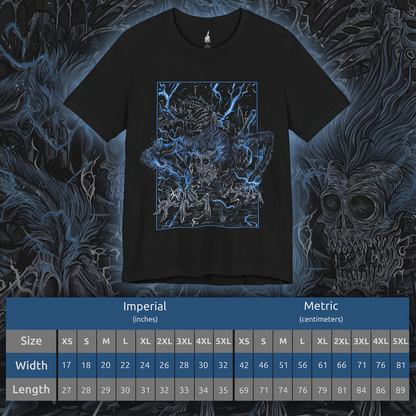 Size chart of a T-shirt featuring Darkbeast Paarl from Bloodborne, designed with a grim and electrifying aesthetic. The artwork captures Paarl’s skeletal, beastly form crackling with blue lightning, set against a haunting, dark backdrop that emphasizes its wild, chaotic energy. Perfect for fans who revel in the nightmarish horrors of Yharnam and the frenzied battles against the terrors lurking within the shadows.