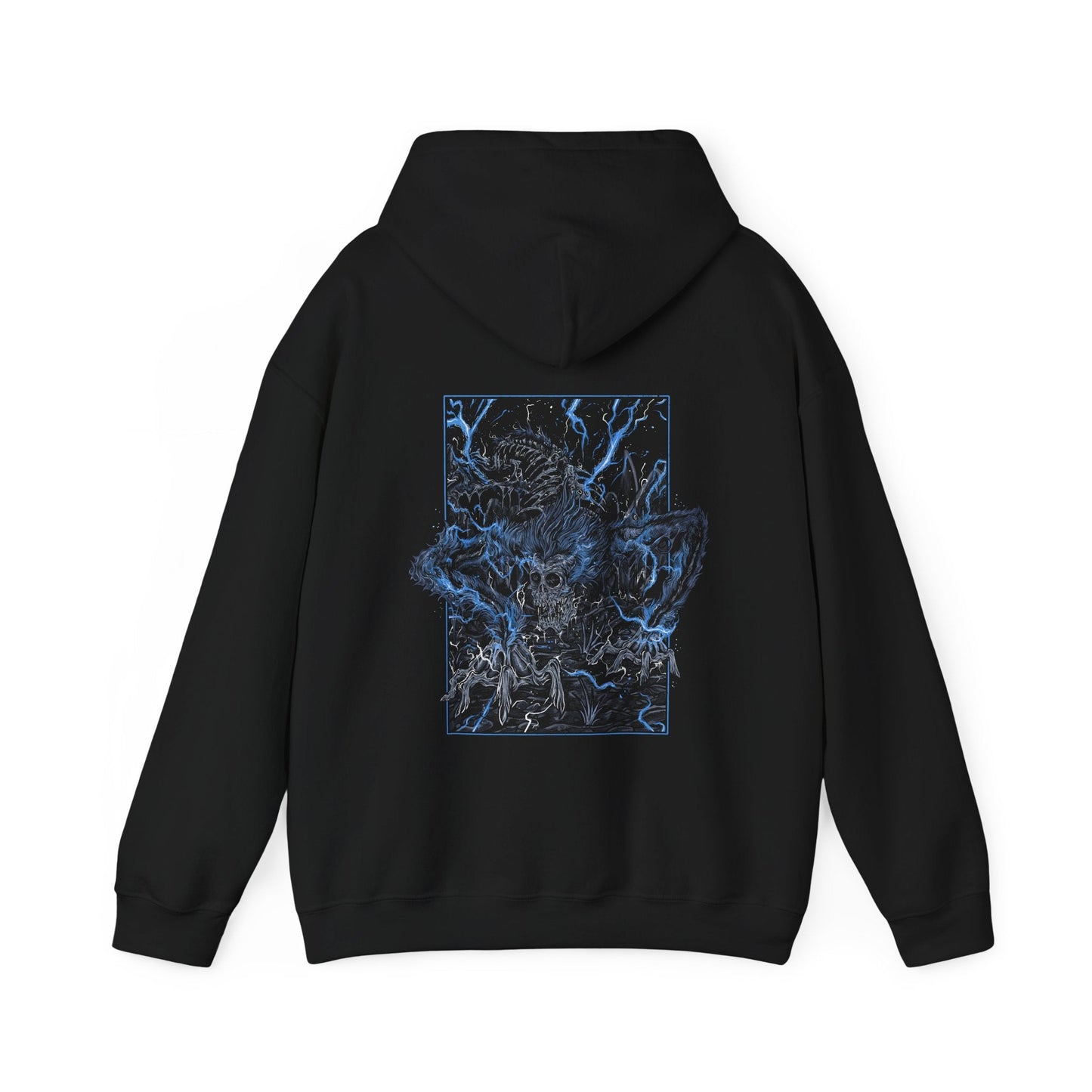 Image 5 of a Hooded Sweatshirt featuring Darkbeast Paarl from Bloodborne, designed with a grim and electrifying aesthetic. The artwork captures Paarl’s skeletal, beastly form crackling with blue lightning, set against a haunting, dark backdrop that emphasizes its wild, chaotic energy. Perfect for fans who revel in the nightmarish horrors of Yharnam and the frenzied battles against the terrors lurking within the shadows.