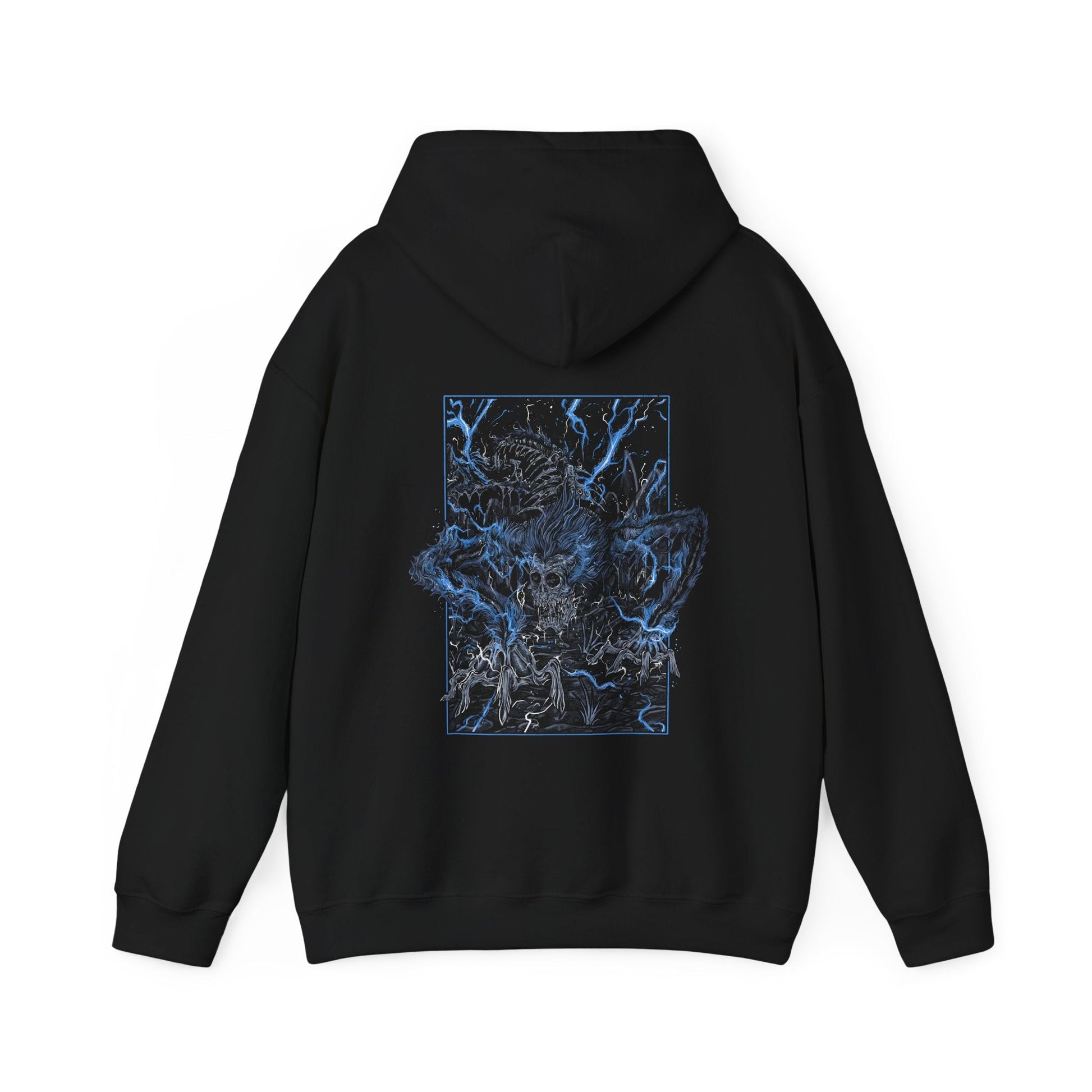 Image 5 of a Hooded Sweatshirt featuring Darkbeast Paarl from Bloodborne, designed with a grim and electrifying aesthetic. The artwork captures Paarl’s skeletal, beastly form crackling with blue lightning, set against a haunting, dark backdrop that emphasizes its wild, chaotic energy. Perfect for fans who revel in the nightmarish horrors of Yharnam and the frenzied battles against the terrors lurking within the shadows.