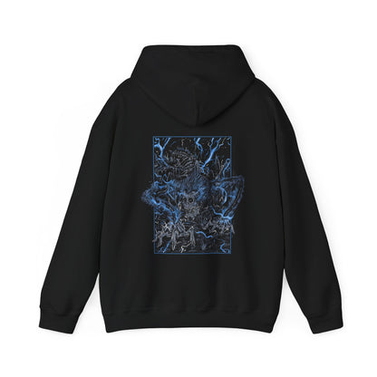 Image 5 of a Hooded Sweatshirt featuring Darkbeast Paarl from Bloodborne, designed with a grim and electrifying aesthetic. The artwork captures Paarl’s skeletal, beastly form crackling with blue lightning, set against a haunting, dark backdrop that emphasizes its wild, chaotic energy. Perfect for fans who revel in the nightmarish horrors of Yharnam and the frenzied battles against the terrors lurking within the shadows.