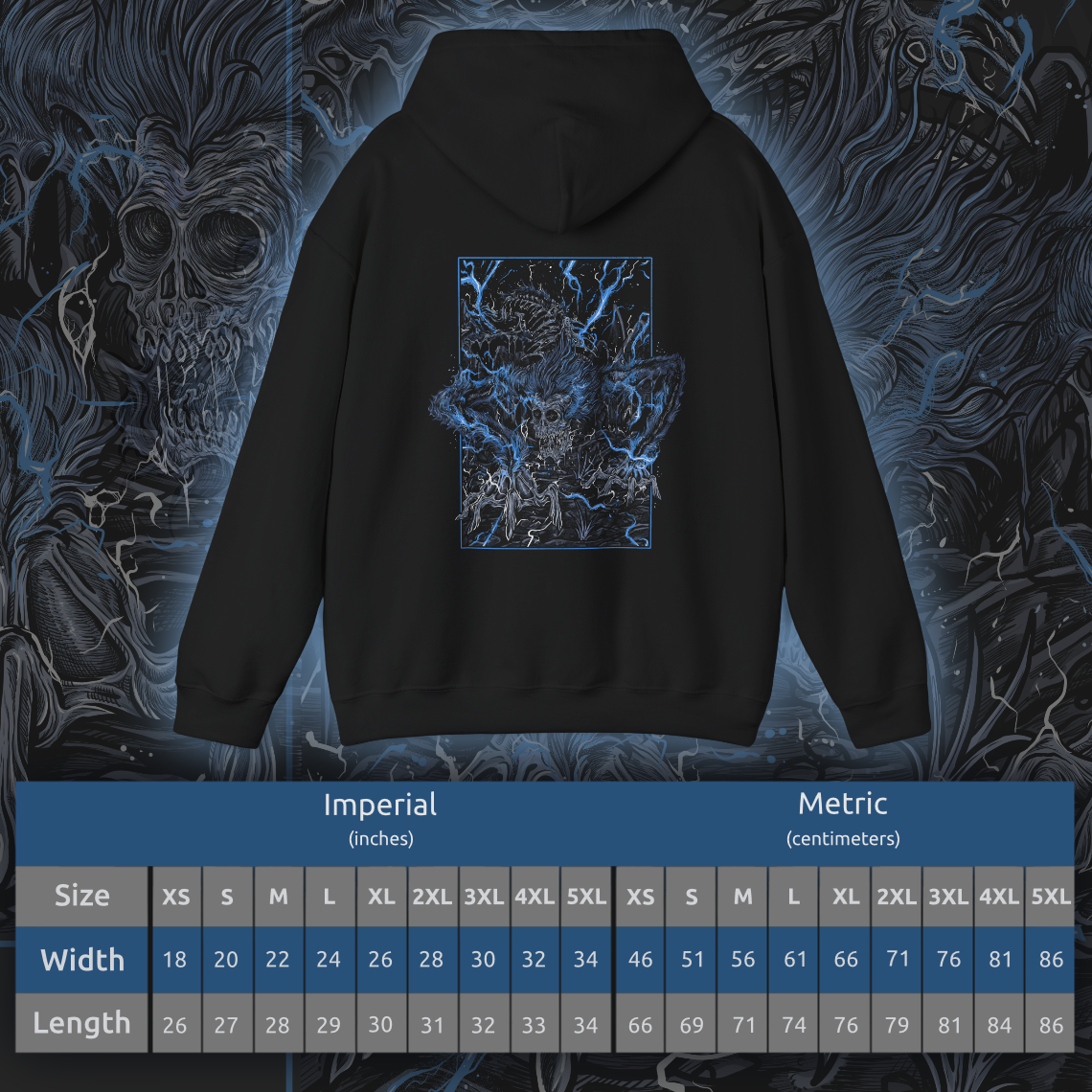 Size chart of a Hooded Sweatshirt featuring Darkbeast Paarl from Bloodborne, designed with a grim and electrifying aesthetic. The artwork captures Paarl’s skeletal, beastly form crackling with blue lightning, set against a haunting, dark backdrop that emphasizes its wild, chaotic energy. Perfect for fans who revel in the nightmarish horrors of Yharnam and the frenzied battles against the terrors lurking within the shadows.