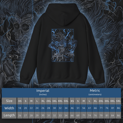 Size chart of a Hooded Sweatshirt featuring Darkbeast Paarl from Bloodborne, designed with a grim and electrifying aesthetic. The artwork captures Paarl’s skeletal, beastly form crackling with blue lightning, set against a haunting, dark backdrop that emphasizes its wild, chaotic energy. Perfect for fans who revel in the nightmarish horrors of Yharnam and the frenzied battles against the terrors lurking within the shadows.