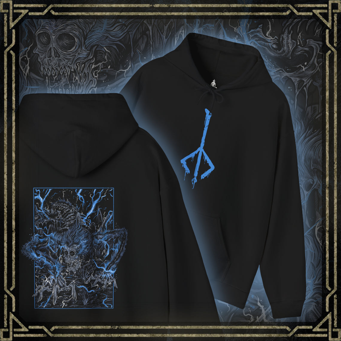 Thumbnail of a Hooded Sweatshirt featuring Darkbeast Paarl from Bloodborne, designed with a grim and electrifying aesthetic. The artwork captures Paarl’s skeletal, beastly form crackling with blue lightning, set against a haunting, dark backdrop that emphasizes its wild, chaotic energy. Perfect for fans who revel in the nightmarish horrors of Yharnam and the frenzied battles against the terrors lurking within the shadows.
