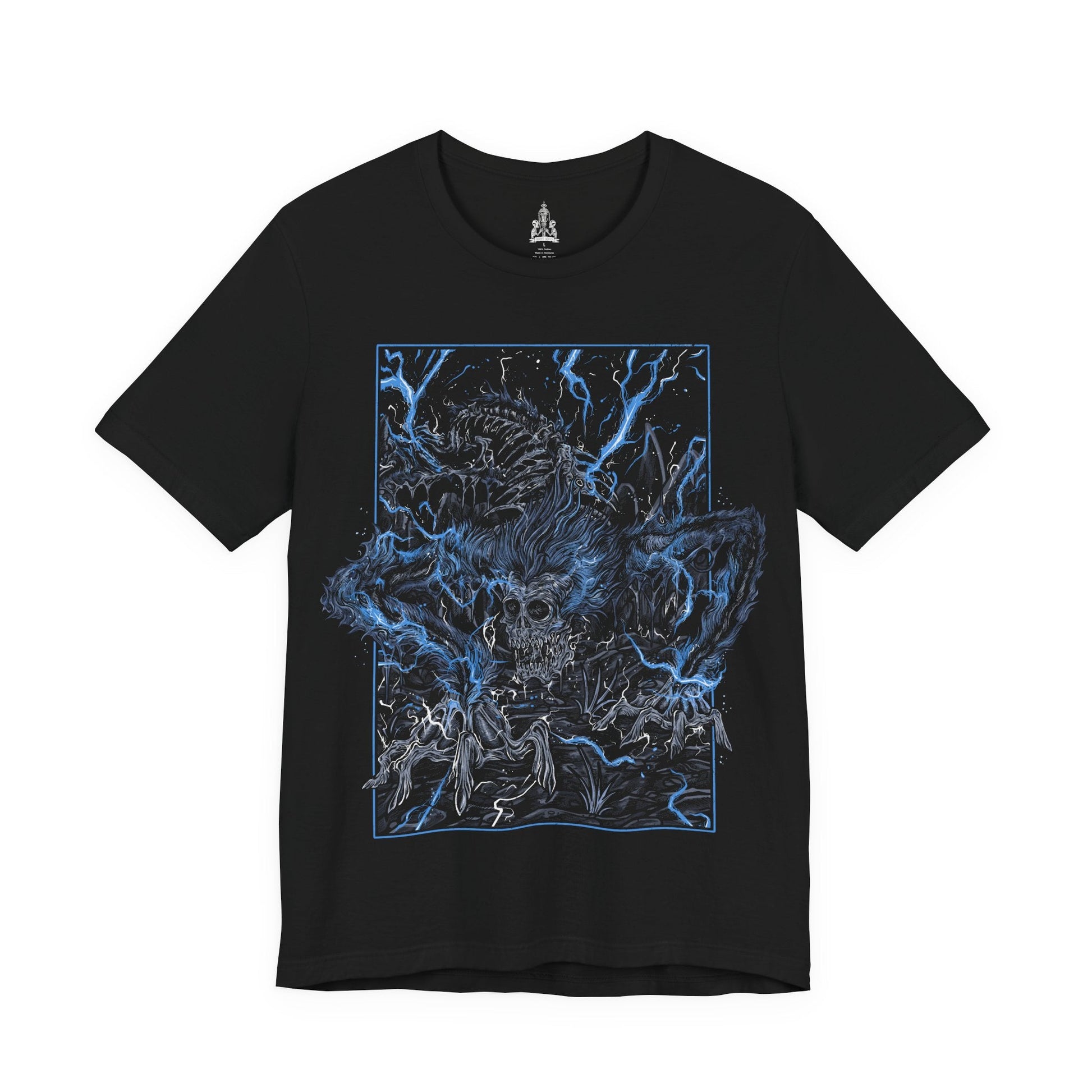 Image 4 of a T-shirt featuring Darkbeast Paarl from Bloodborne, designed with a grim and electrifying aesthetic. The artwork captures Paarl’s skeletal, beastly form crackling with blue lightning, set against a haunting, dark backdrop that emphasizes its wild, chaotic energy. Perfect for fans who revel in the nightmarish horrors of Yharnam and the frenzied battles against the terrors lurking within the shadows.