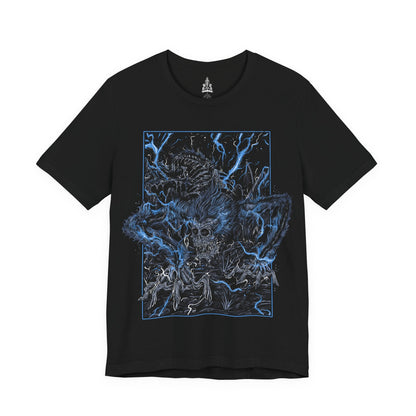Image 4 of a T-shirt featuring Darkbeast Paarl from Bloodborne, designed with a grim and electrifying aesthetic. The artwork captures Paarl’s skeletal, beastly form crackling with blue lightning, set against a haunting, dark backdrop that emphasizes its wild, chaotic energy. Perfect for fans who revel in the nightmarish horrors of Yharnam and the frenzied battles against the terrors lurking within the shadows.