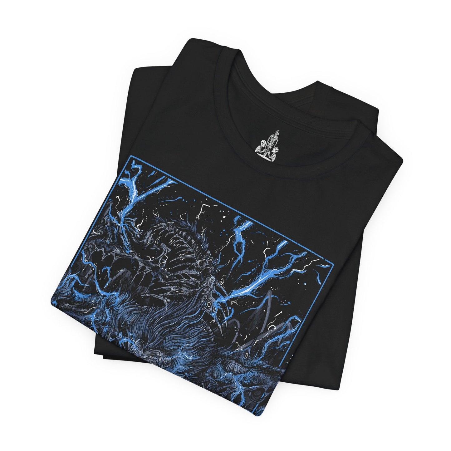 Folded T-shirt featuring Darkbeast Paarl from Bloodborne, designed with a grim and electrifying aesthetic. The artwork captures Paarl’s skeletal, beastly form crackling with blue lightning, set against a haunting, dark backdrop that emphasizes its wild, chaotic energy. Perfect for fans who revel in the nightmarish horrors of Yharnam and the frenzied battles against the terrors lurking within the shadows.