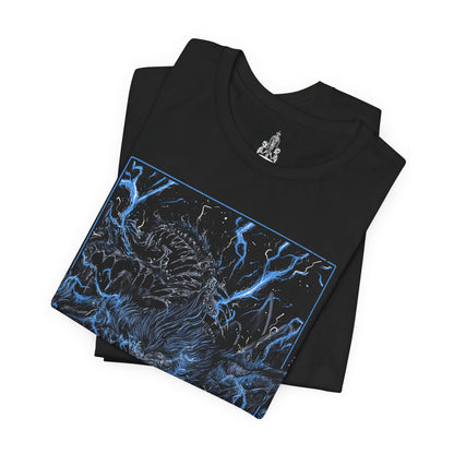 Folded T-shirt featuring Darkbeast Paarl from Bloodborne, designed with a grim and electrifying aesthetic. The artwork captures Paarl’s skeletal, beastly form crackling with blue lightning, set against a haunting, dark backdrop that emphasizes its wild, chaotic energy. Perfect for fans who revel in the nightmarish horrors of Yharnam and the frenzied battles against the terrors lurking within the shadows.