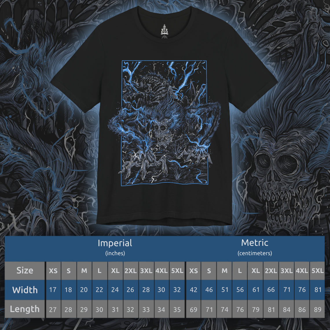 Size chart of a T-shirt featuring Darkbeast Paarl from Bloodborne, designed with a grim and electrifying aesthetic. The artwork captures Paarl’s skeletal, beastly form crackling with blue lightning, set against a haunting, dark backdrop that emphasizes its wild, chaotic energy. Perfect for fans who revel in the nightmarish horrors of Yharnam and the frenzied battles against the terrors lurking within the shadows.