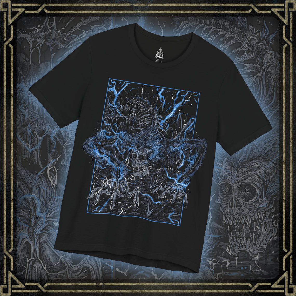 Thumbnail of a T-shirt featuring Darkbeast Paarl from Bloodborne, designed with a grim and electrifying aesthetic. The artwork captures Paarl’s skeletal, beastly form crackling with blue lightning, set against a haunting, dark backdrop that emphasizes its wild, chaotic energy. Perfect for fans who revel in the nightmarish horrors of Yharnam and the frenzied battles against the terrors lurking within the shadows.