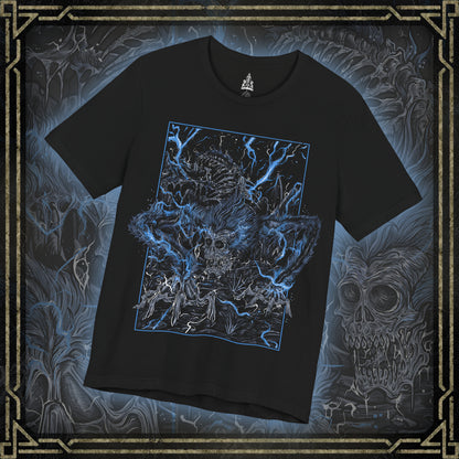 Thumbnail of a T-shirt featuring Darkbeast Paarl from Bloodborne, designed with a grim and electrifying aesthetic. The artwork captures Paarl’s skeletal, beastly form crackling with blue lightning, set against a haunting, dark backdrop that emphasizes its wild, chaotic energy. Perfect for fans who revel in the nightmarish horrors of Yharnam and the frenzied battles against the terrors lurking within the shadows.