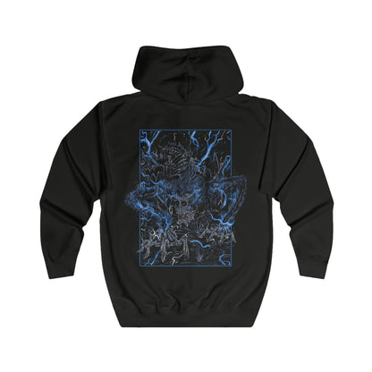 Folded Zip-up Hooded Sweatshirt featuring Darkbeast Paarl from Bloodborne, the skeletal, lightning-wreathed monstrosity lurking in the ruins of Yahar’gul. Its emaciated frame crackles with untamed arcane energy, a terrifying remnant of the Healing Church’s dark experiments. With glowing blue lightning illuminating its gaunt form, Paarl thrashes in feral rage, embodying the raw chaos of the old blood. This grim design captures the horror of Bloodborne.