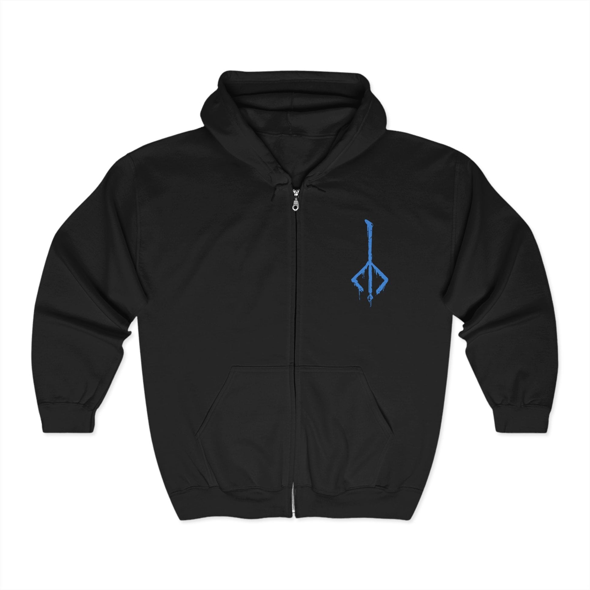 Image 3 of a S Zip-up Hooded Sweatshirt featuring Darkbeast Paarl from Bloodborne, the skeletal, lightning-wreathed monstrosity lurking in the ruins of Yahar’gul. Its emaciated frame crackles with untamed arcane energy, a terrifying remnant of the Healing Church’s dark experiments. With glowing blue lightning illuminating its gaunt form, Paarl thrashes in feral rage, embodying the raw chaos of the old blood. This grim design captures the horror of Bloodborne.