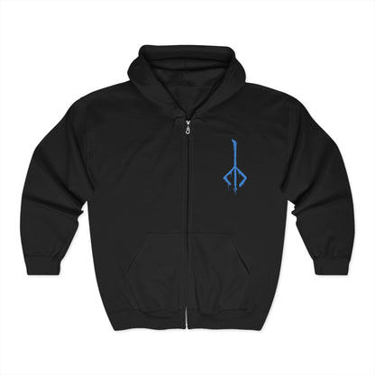 Image 3 of a S Zip-up Hooded Sweatshirt featuring Darkbeast Paarl from Bloodborne, the skeletal, lightning-wreathed monstrosity lurking in the ruins of Yahar’gul. Its emaciated frame crackles with untamed arcane energy, a terrifying remnant of the Healing Church’s dark experiments. With glowing blue lightning illuminating its gaunt form, Paarl thrashes in feral rage, embodying the raw chaos of the old blood. This grim design captures the horror of Bloodborne.