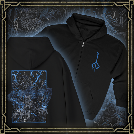 Thumbnail of a Zip-up Hooded Sweatshirt featuring Darkbeast Paarl from Bloodborne, the skeletal, lightning-wreathed monstrosity lurking in the ruins of Yahar’gul. Its emaciated frame crackles with untamed arcane energy, a terrifying remnant of the Healing Church’s dark experiments. With glowing blue lightning illuminating its gaunt form, Paarl thrashes in feral rage, embodying the raw chaos of the old blood. This grim design captures the horror of Bloodborne.