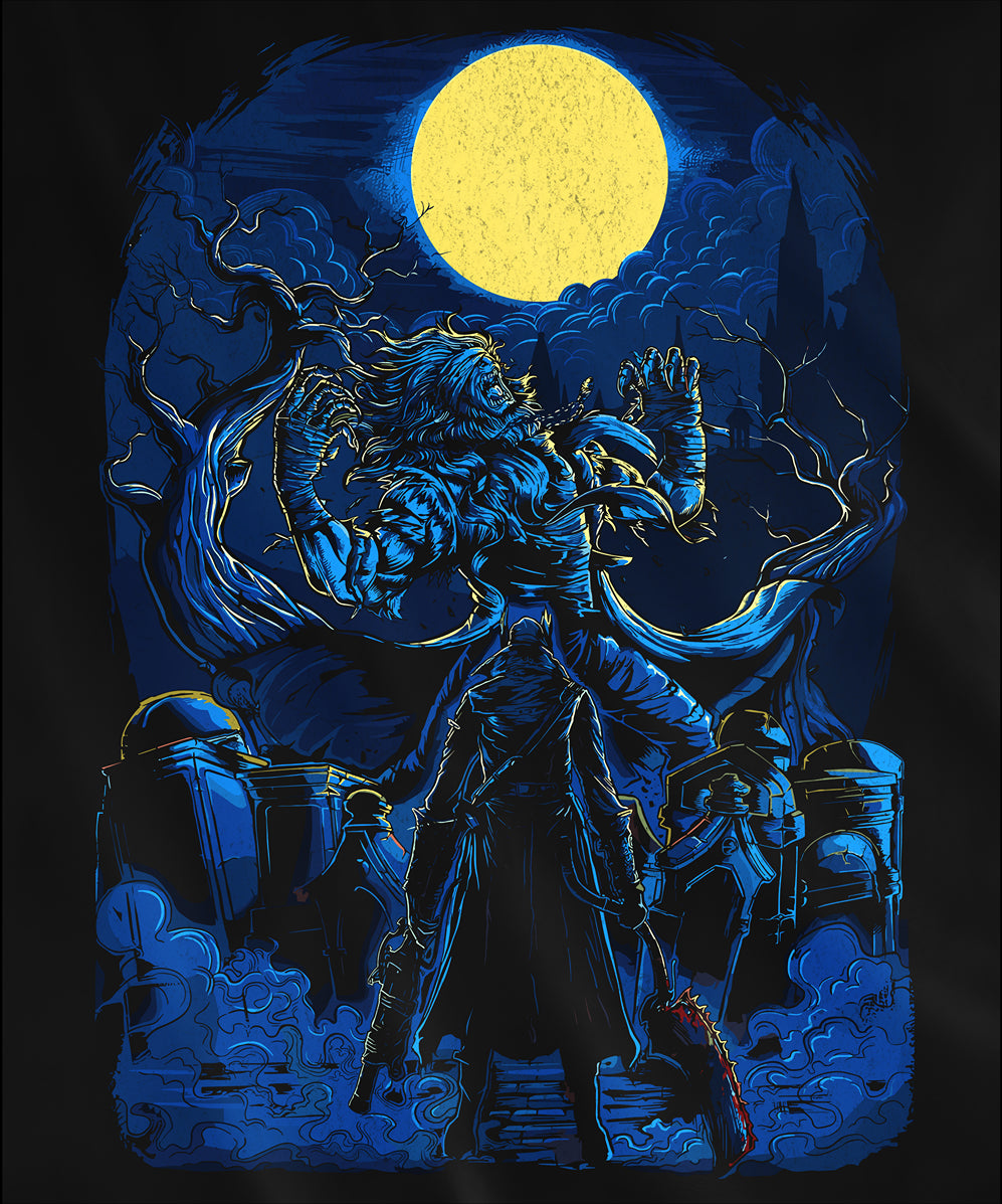 Design used for a Hooded Sweatshirt featuring Father Gascoigne from Bloodborne in his beast transformation, showcasing his fierce, monstrous form, perfect for fans who appreciate the tragic and terrifying evolution of this iconic character.