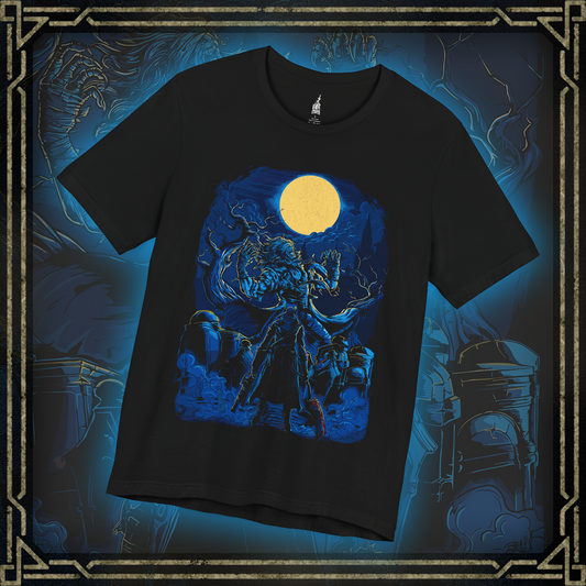 Thumbnail of a T-shirt featuring Father Gascoigne from Bloodborne in his beast transformation, showcasing his fierce, monstrous form, perfect for fans who appreciate the tragic and terrifying evolution of this iconic character.