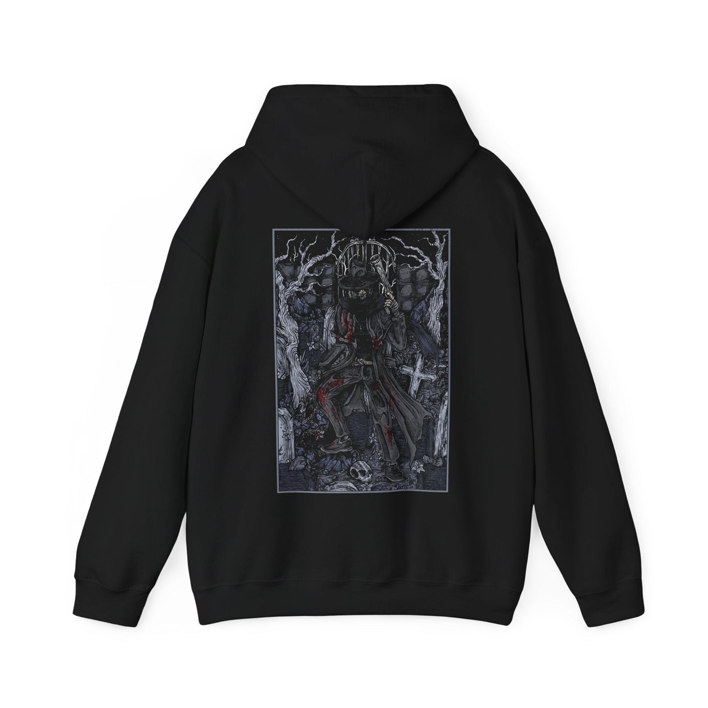 Image 5 of a Hooded Sweatshirt showcasing Father Gascoigne from Bloodborne, armed with his iconic blunderbuss and axe. Once a devout man and skilled hunter, Gascoigne fell victim to the bloodlust he swore to fight, eventually turning into the very beast he hunted. The design highlights his human form, just before succumbing to madness, making it a powerful tribute to one of the game’s most emotional and intense early boss battles.