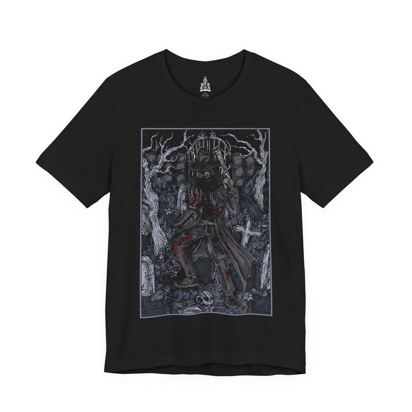 Image 4 of a T-shirt featuring Father Gascoigne from Bloodborne, the tragic hunter-priest known for his brutal combat style and swift descent into beastdom. Clad in tattered clergy robes and wielding his hunter’s axe alongside a blunderbuss, Gascoigne represents the blurred line between man and monster. This design captures the eerie moment before his transformation, showcasing the resolve and sorrow of a hunter doomed by the very hunt he embraced.