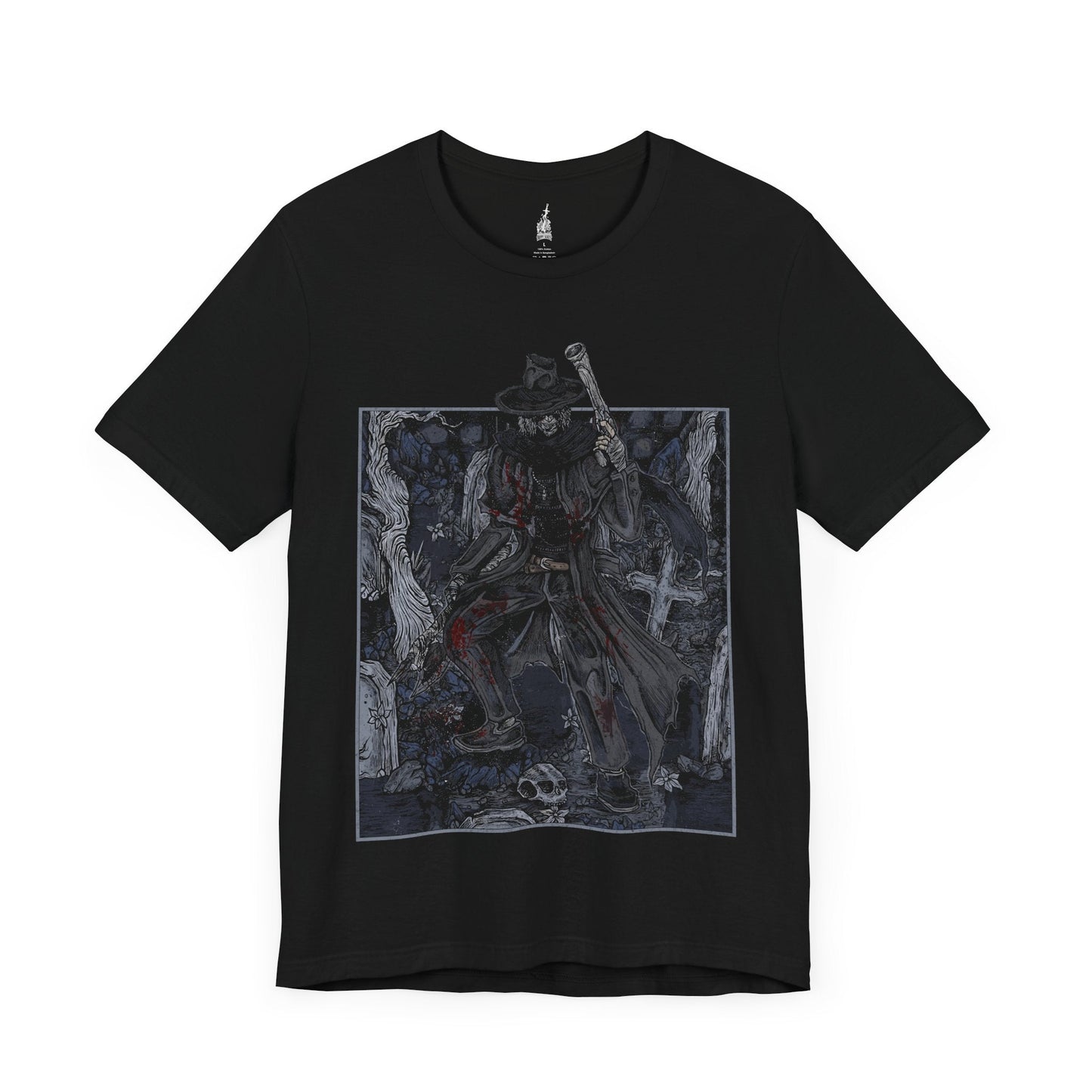 Image number 3 of a Black T-shirt featuring Father Gascoigne from Bloodborne in a grim design, showcasing his descent into madness and tragic transformation, ideal for fans of his pivotal role and dark journey in the haunting world of Yharnam.