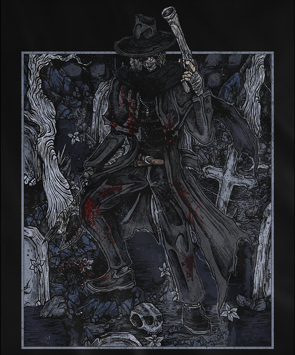 Design used for a T-shirt featuring Father Gascoigne from Bloodborne in a grim design, showcasing his descent into madness and tragic transformation, ideal for fans of his pivotal role and dark journey in the haunting world of Yharnam.