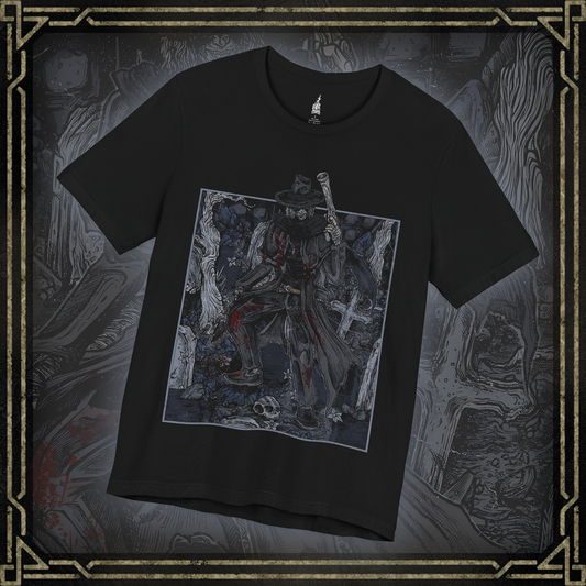 Thumbnail of a T-shirt featuring Father Gascoigne from Bloodborne in a grim design, showcasing his descent into madness and tragic transformation, ideal for fans of his pivotal role and dark journey in the haunting world of Yharnam.