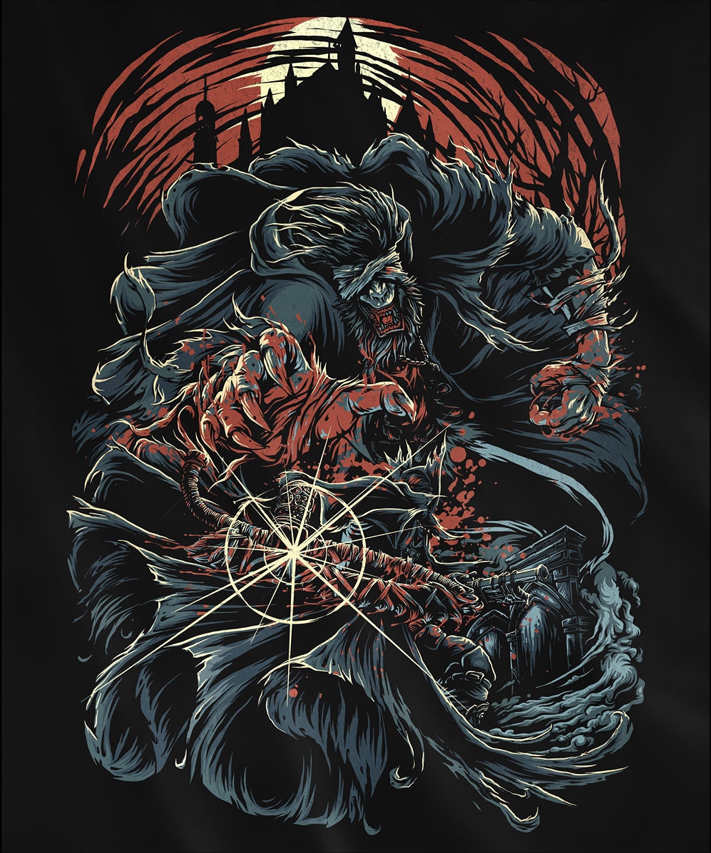 Design used for a Hooded Sweatshirt featuring Father Gascoigne in his beast form from Bloodborne, set against the ominous backdrop of the Night of the Hunt, ideal for fans who appreciate the haunting transformation and intense lore of this iconic character.