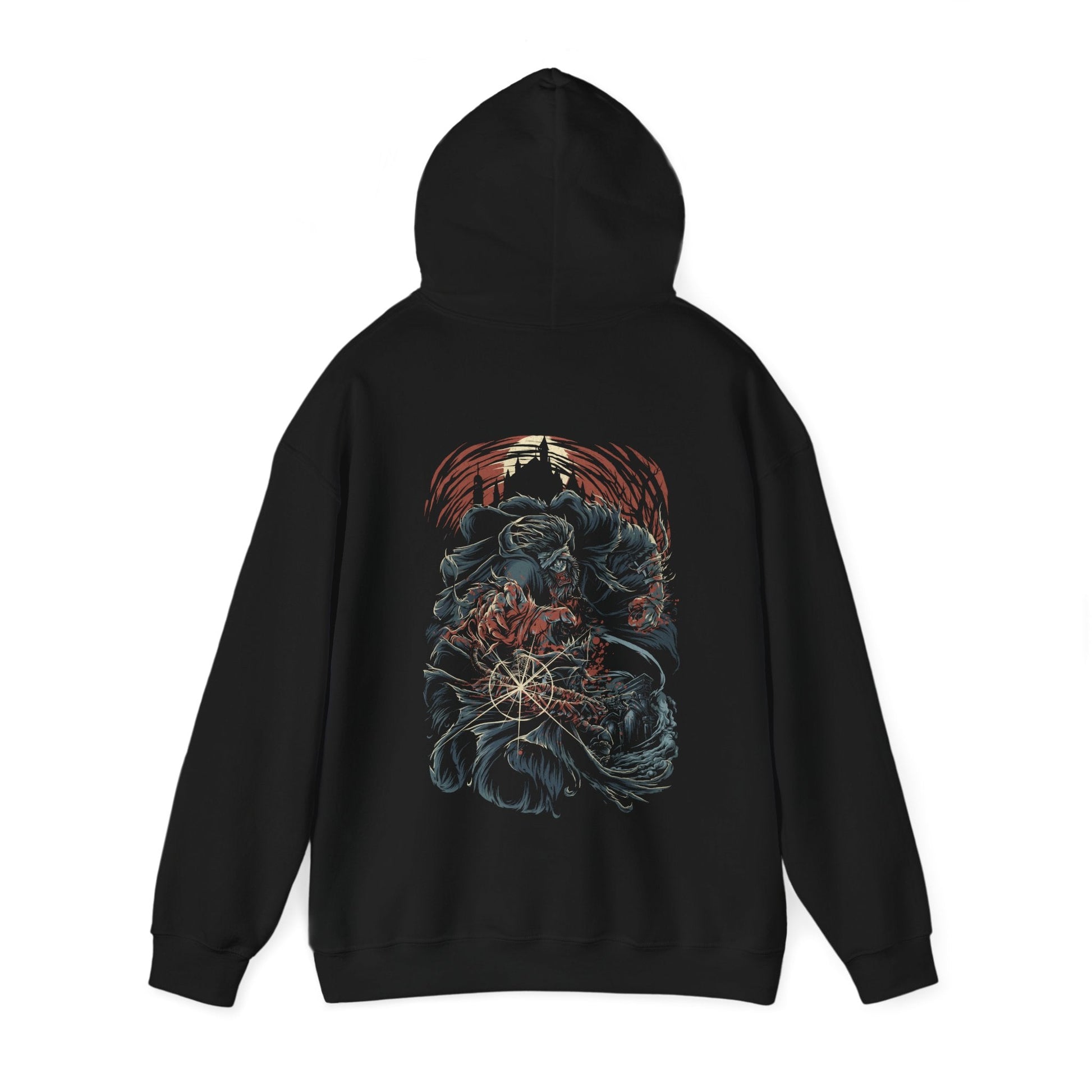 Folded Hooded Sweatshirt featuring Father Gascoigne in his beast form from Bloodborne, set against the ominous backdrop of the Night of the Hunt, ideal for fans who appreciate the haunting transformation and intense lore of this iconic character.