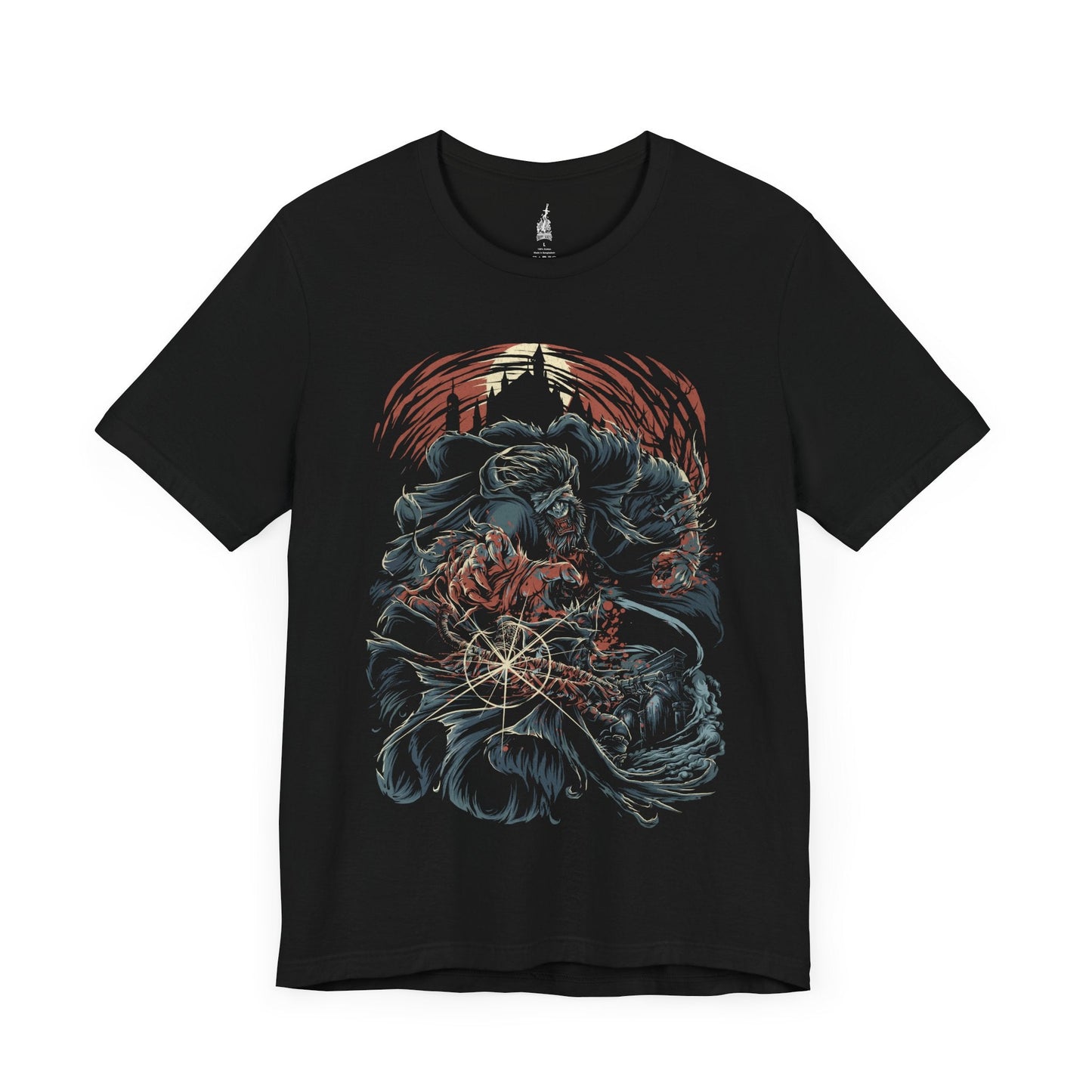 Image number 3 of a Black T-shirt featuring Father Gascoigne in his beast form from Bloodborne, set against the ominous backdrop of the Night of the Hunt, ideal for fans who appreciate the haunting transformation and intense lore of this iconic character.