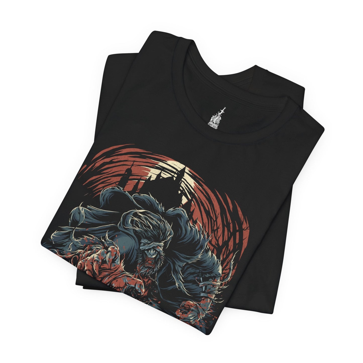 Folded T-shirt featuring Father Gascoigne in his beast form from Bloodborne, set against the ominous backdrop of the Night of the Hunt, ideal for fans who appreciate the haunting transformation and intense lore of this iconic character.