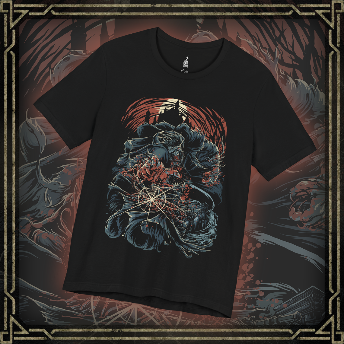 Thumbnail of a T-shirt featuring Father Gascoigne in his beast form from Bloodborne, set against the ominous backdrop of the Night of the Hunt, ideal for fans who appreciate the haunting transformation and intense lore of this iconic character.